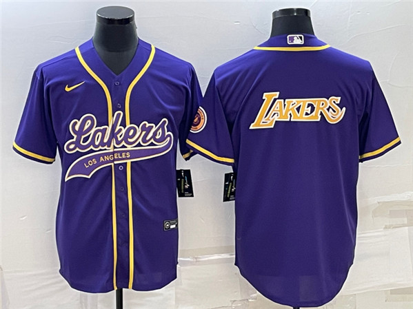 Men's Los Angeles Lakers Purple Big Logo Cool Base Stitched Baseball Jersey - Click Image to Close